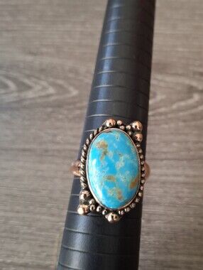 Ring Large Turquoise Natural Stone Set Copper Frame Adjustable Band 9-10-11-12